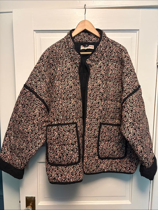Free People Jackets & Blazers - Free People Black Quilted Jacket with Pink Floral Print XL